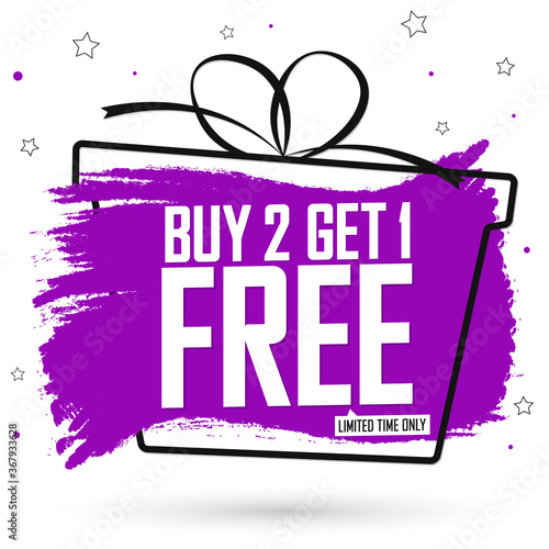 Buy 2 Get 1 Free, sale banner design template, gift discount tag, grunge brush, Christmas deal, vector illustration