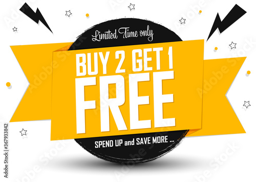 Buy 2 Get 1 Free, sale banner design template, discount tag, grunge brush, vector illustration