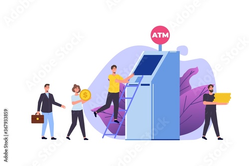 People are waiting in line near ATM machine. Queue at the ATM. Perform financial transactions Vector illustration in a flat style