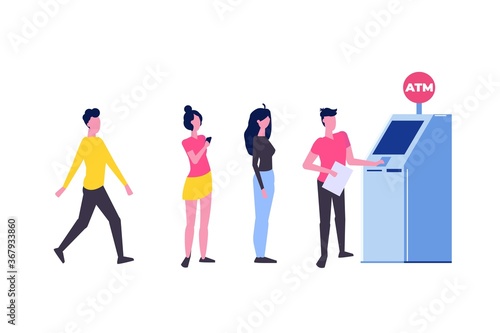 People are waiting in line near ATM machine. Queue at the ATM. Perform financial transactions Vector illustration in a flat style