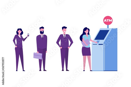 People are waiting in line near ATM machine. Queue at the ATM. Perform financial transactions Vector illustration in a flat style