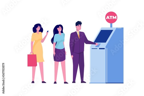 People are waiting in line near ATM machine. Queue at the ATM. Perform financial transactions Vector illustration in a flat style