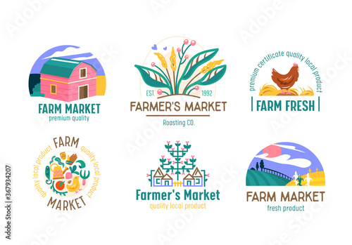 Set Farm or Farmer Market Logo. Ecological Natural Organic Production, Advertising or Promotional Poster, Fresh Products