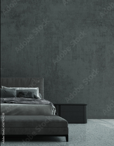 The mock up interior design of modern cozy bedroom and concrete wall background and wood floor