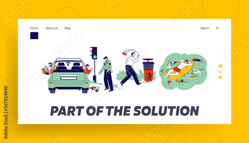 Characters Throw Garbage, Pollution Landing Page Template. Driver Throwing Trash Out of Car Window, Police Notice
