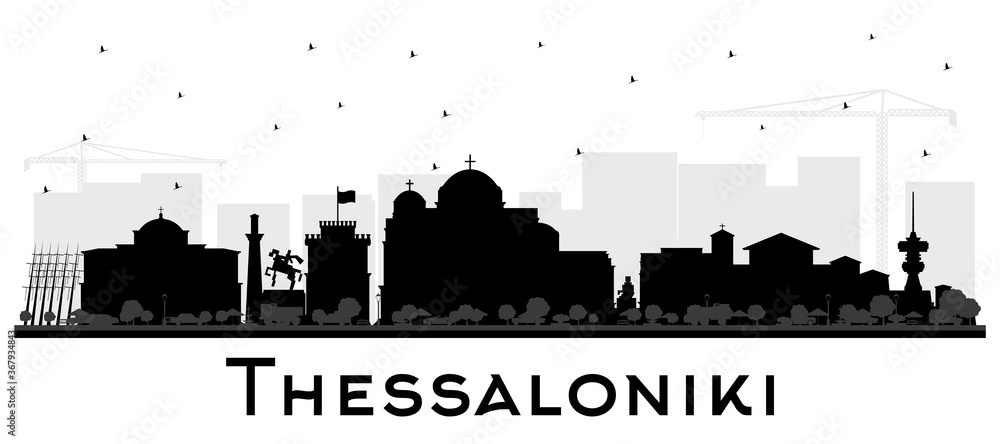 Thessaloniki Greece City Skyline Silhouette with Black Buildings Isolated on White.