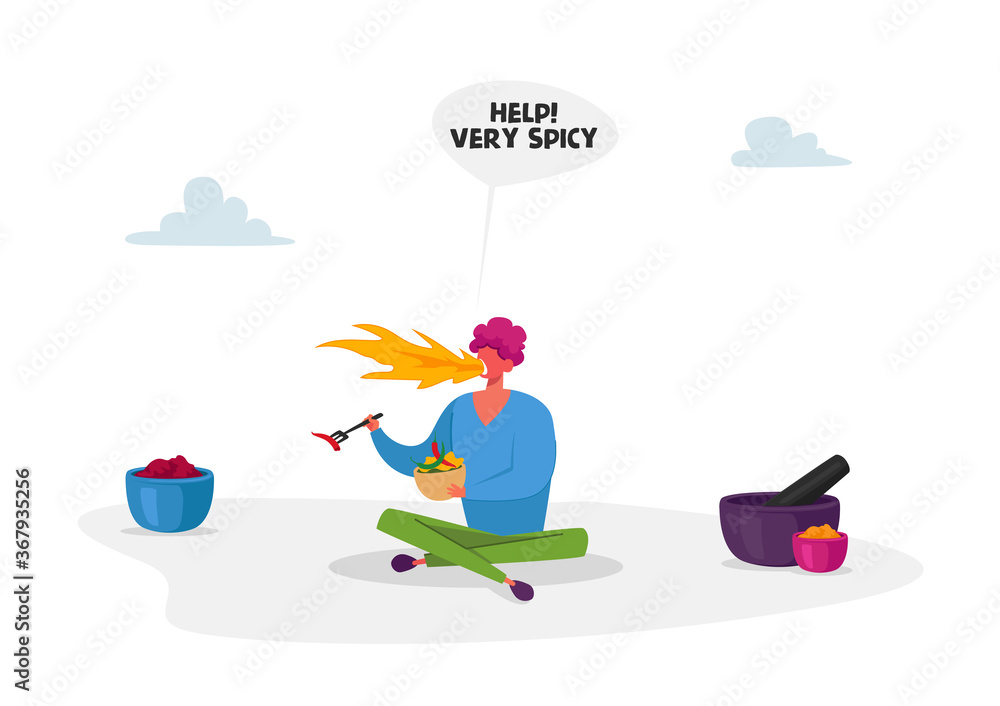 Fototapeta premium Spicy Chili Pepper Dish Cooking. Male Character with Fire in Mouth Sit on Floor Eating Hot Spicy Food Holding Fork in Hand