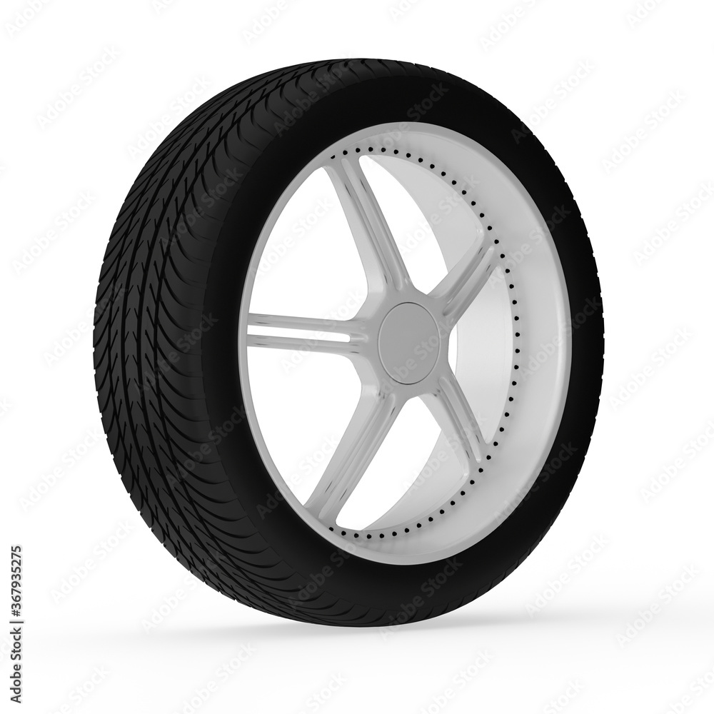 Obraz premium Car wheel isolated on white background. 3D rendering.