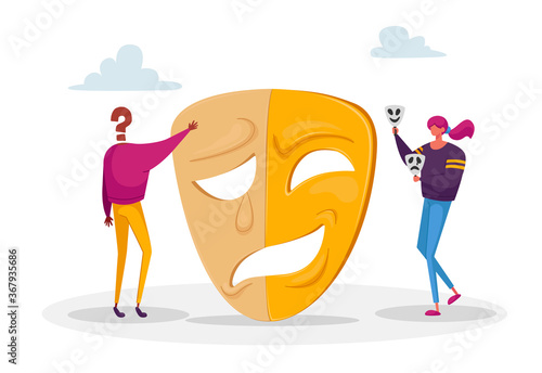 Woman and Character without Face Stand near Huge Mask Separated on Opposite Emotions with Smiling and Sad Crying Parts