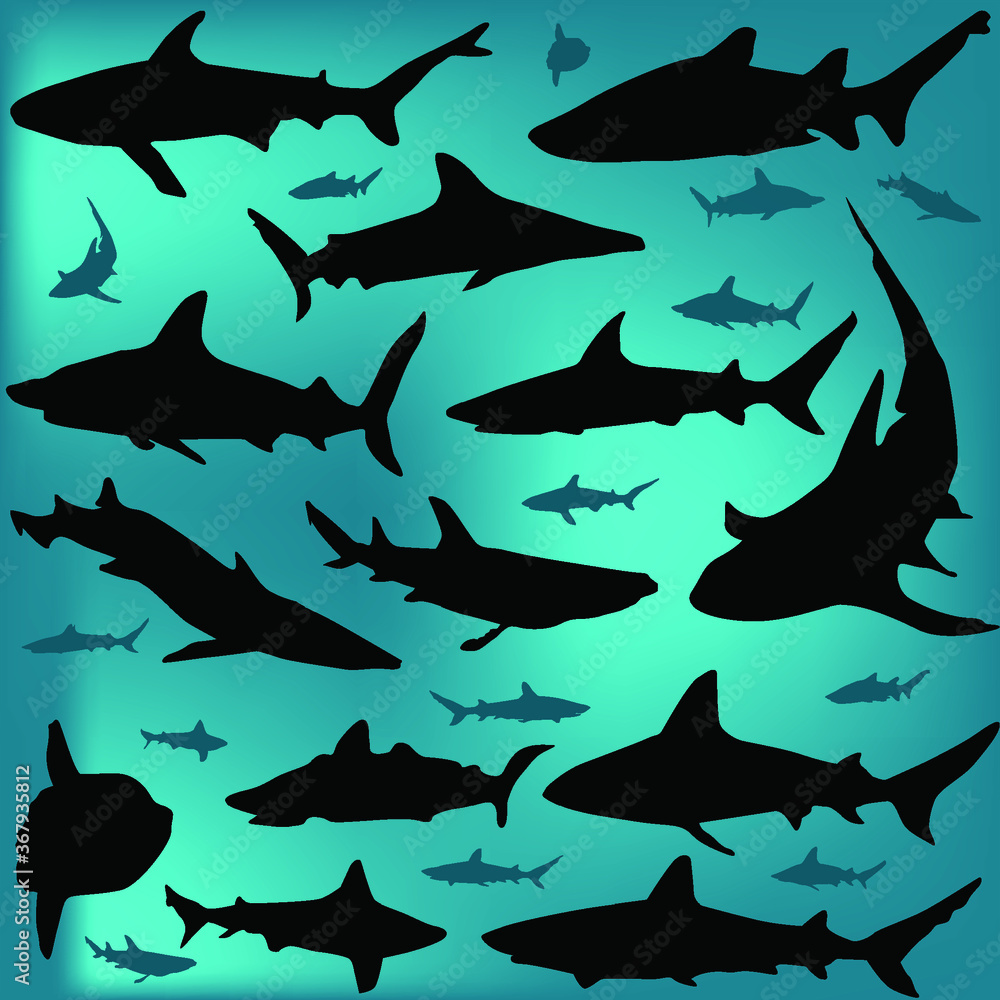 group of black sharks on blue group of black sharks on blue