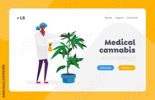 Alternative Herbal Medicine Landing Page Template. Woman Scientist Character Care of Hemp Plant. Medical Cannabis Recipe