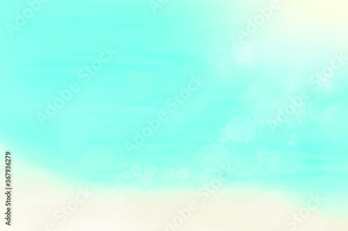 Illustrated summer vacation image. Blurred sun and tropical beach with bokeh background. 