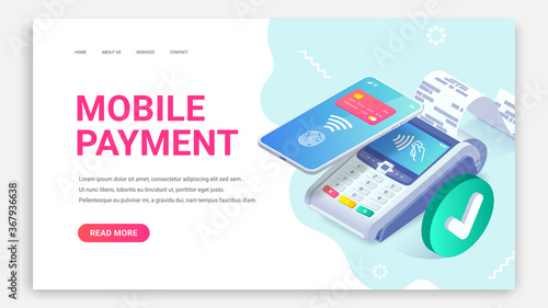 Isometric shopping, successful contactless payments via smartphone approved concept. 3d payment terminal with green yes tick mark. Success cashless NFC payment transaction. Vector payments machine