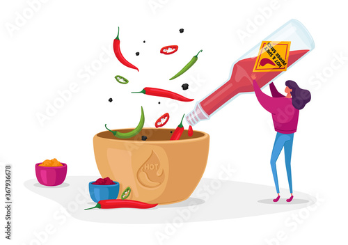 Woman Pouring Chilli Ketchup or Sauce from Glass Bottle to Bowl Cooking Spicy Meal. Seasoning Ingredient for Hot Food