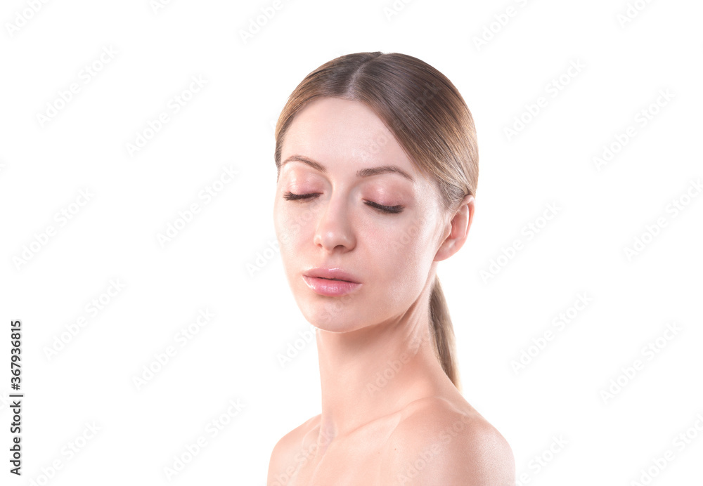 Beautiful caucasian female face with closed eyes and fair hair up in ponytail, close up. Young woman portrait with no makeup, isolated on white. Beautiful caucasian female face with closed eyes and fair hair up in ponytail, close up. Young woman portrait with no makeup, isolated on white.
