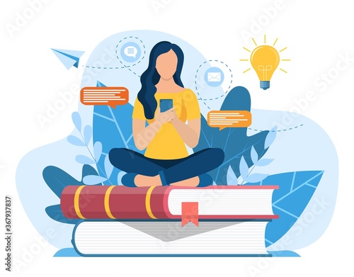 Girl sitting on pile of books. Concept illustration of online courses, distance studying, self education, digital library. E-learning banner. Online education. Vector illustration in flat style
