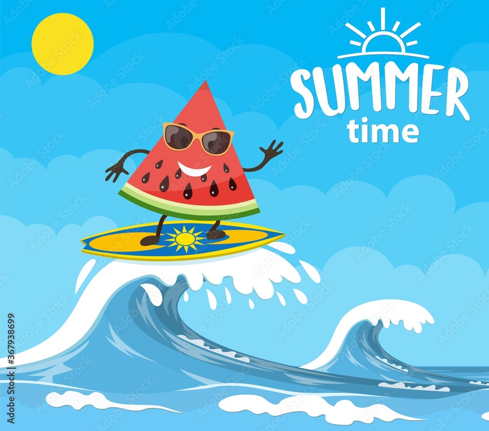 watermelon characters surfing on wave. Holidays on the sea. Beach activities. Summer time. Vector illustration in flat style