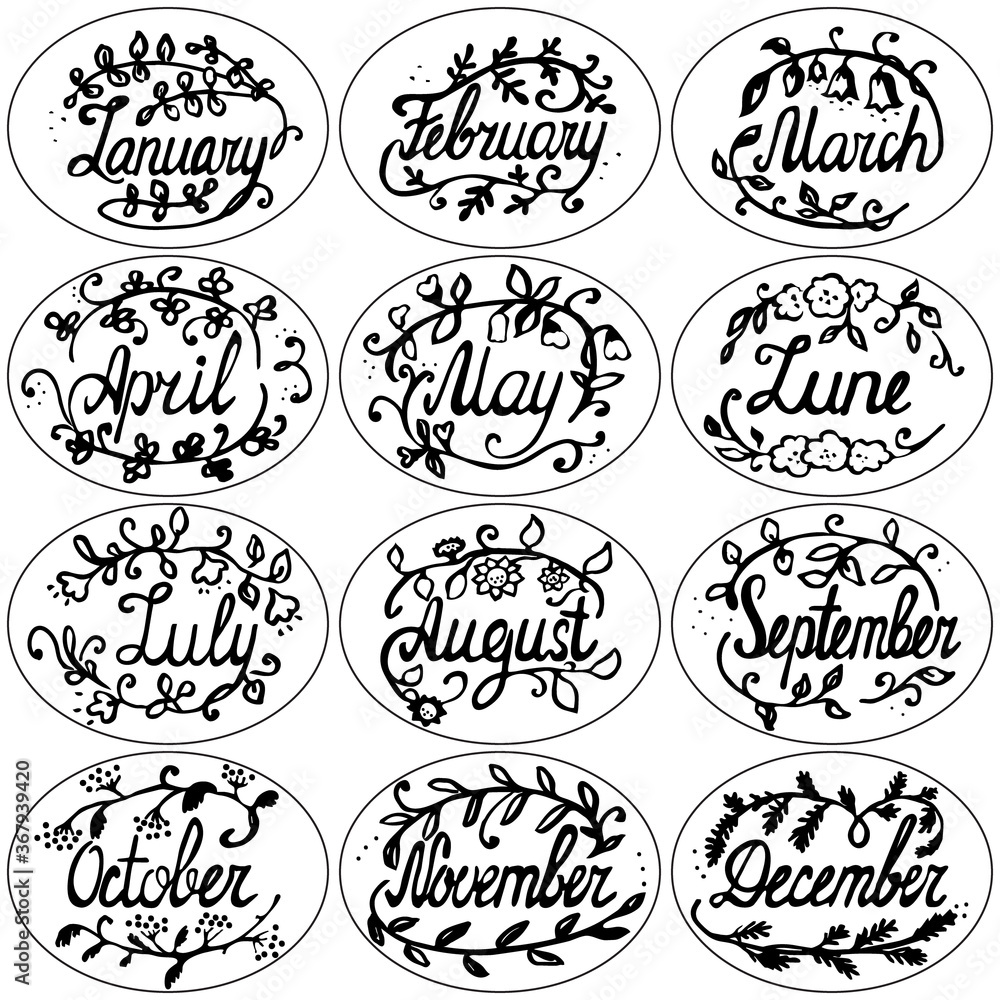 ector illustration of months name  in ellipse with floral elements. Lettering Sticker for calendar, planner, bullet journal. Black and white hand drawing, isolated design on white background