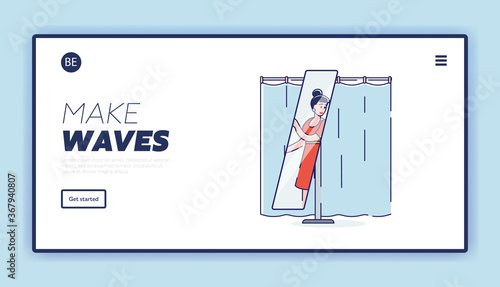 Woman try new dress look in mirror in fitting room of fashionable boutique. Landing page template