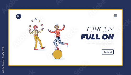 Circus landing page design with clowns performing juggling and balancing on ball