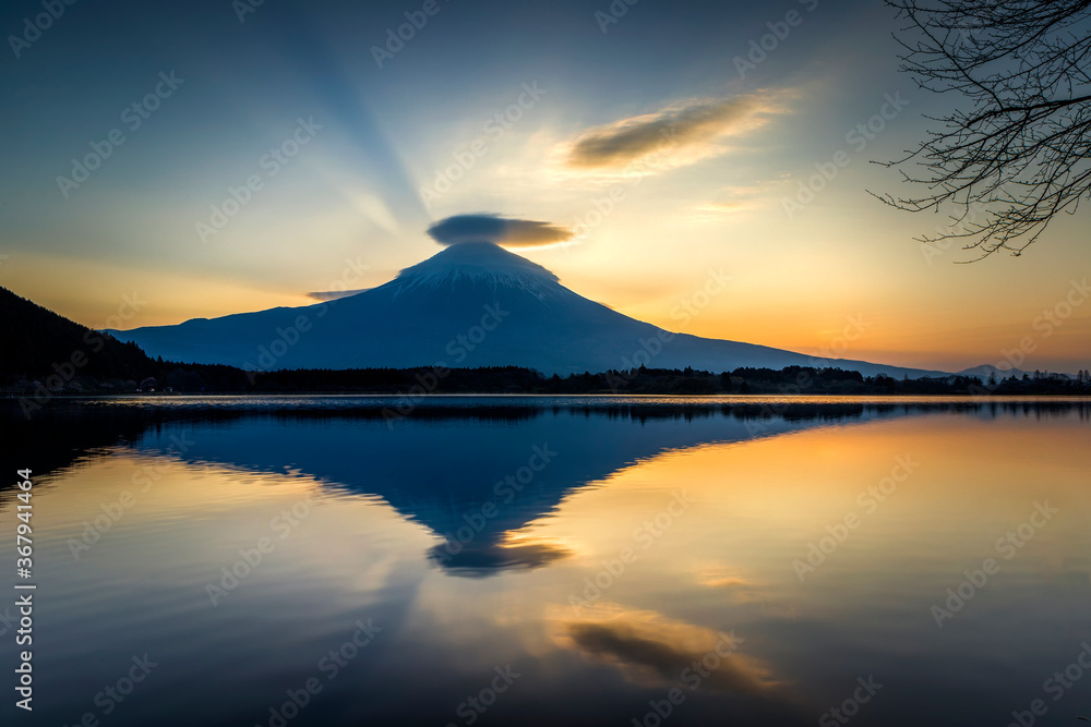 Beautiful sunrise and reflection of Mount Fuji at the spring season