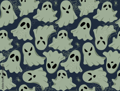 Halloween vector seamless pattern with ghosts and leaves