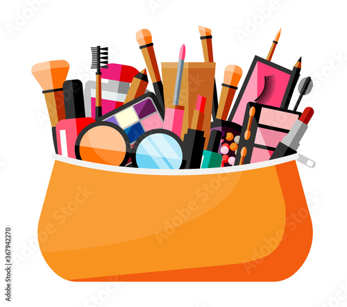 Makeup collection in bag. Set of decorative cosmetics. Make-up store. Various brushes, perfume, mascara, gloss, powder, lipstick and blush. Beauty and fashion. Cartoon flat vector illustration