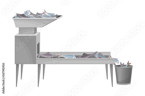 Conveyor with Fish Isolated on White Background Vector Illustration