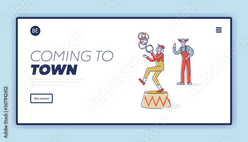 Circus coming to town. Template landing page with funny cartoon clowns juggling