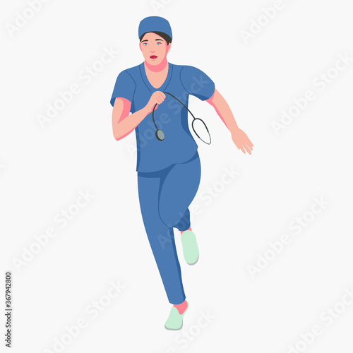 Vector graphic illustration of a female doctor or nurse running with stethoscope. Responsive, emergency concept