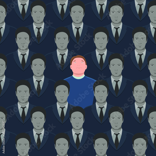 Vector seamless pattern, social concept with identical grey suited men and one colored looking up. One special person in the crowd. Stand out in a crowd.  Metaphor of personality or individuality.