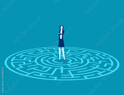 Standing in the center of a maze. Business analysis and Searching concept. Cartoon vector style design