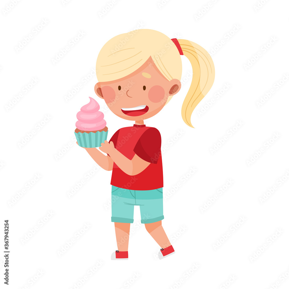 Happy Girl Character Showing Like Towards Cupcake Vector Illustration Happy Girl Character Showing Like Towards Cupcake Vector Illustration