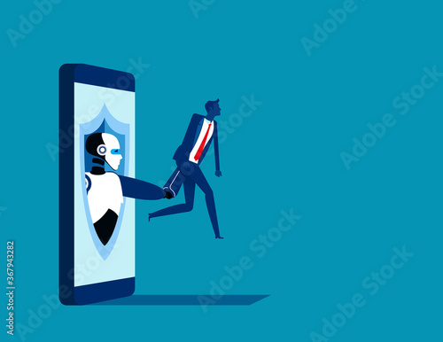Security guard arresting thief from smartphone.  Business security technology concept. Artificial Intelligence