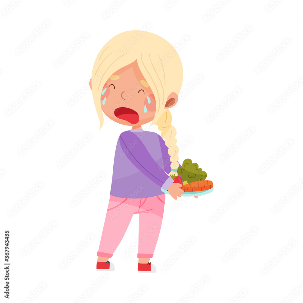 Unhappy Girl Character Crying Showing Dislike Towards Vegetables Vector Illustration Unhappy Girl Character Crying Showing Dislike Towards Vegetables Vector Illustration