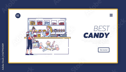 Candy shop website landing page with cartoon woman buying tasty candies in confectionary store