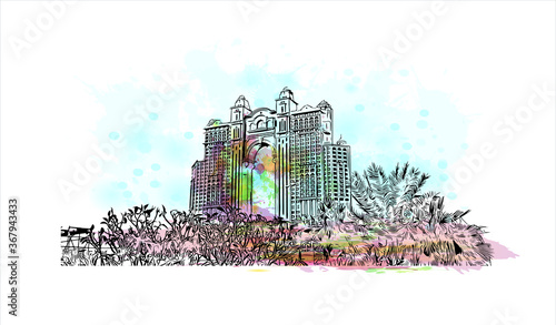 Building view with landmark of Abu Dhabi, the capital of the United Arab Emirates. Watercolor splash with hand drawn sketch illustration in vector.