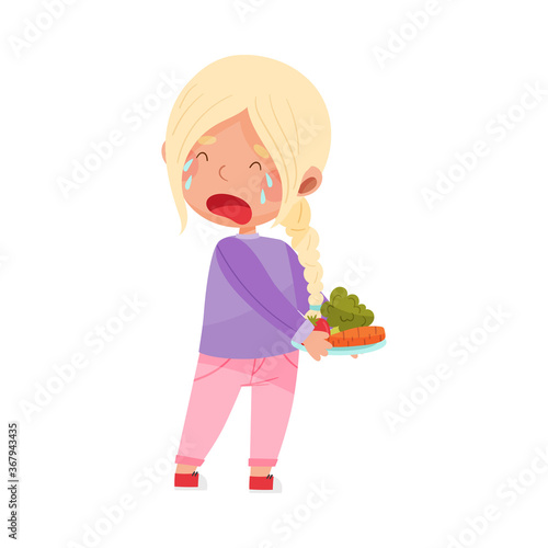 Unhappy Girl Character Crying Showing Dislike Towards Vegetables Vector Illustration