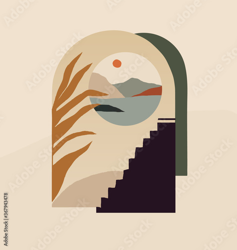 Modern minimalist abstract aesthetic illustration. Bohemian style wall decor. Pastel contemporary artistic poster. 