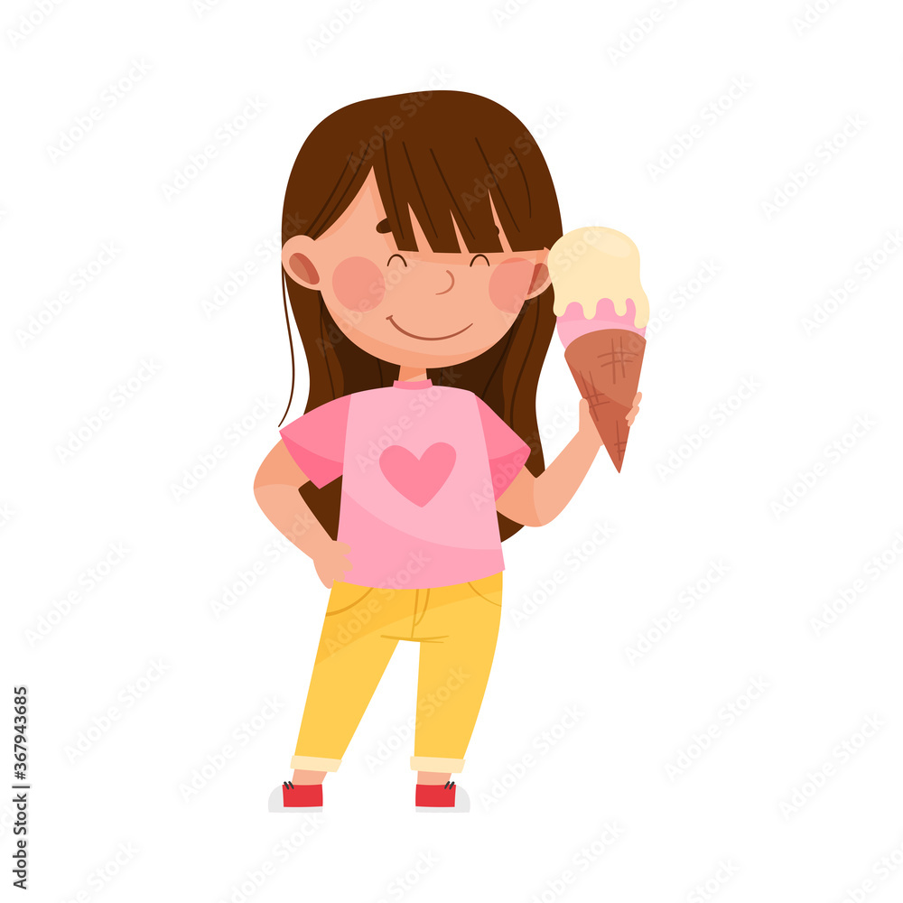 Smiling Girl Character Showing Like Towards Ice Cream Vector Illustration Smiling Girl Character Showing Like Towards Ice Cream Vector Illustration