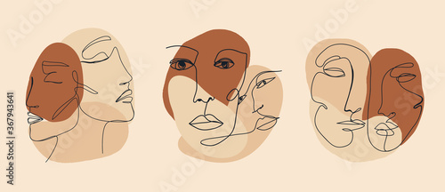 Trendy vector set of illustrations in minimal linear style. Face continuous line art. 