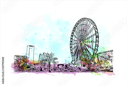 Building view with landmark of Abu Dhabi, the capital of the United Arab Emirates. Watercolor splash with hand drawn sketch illustration in vector.