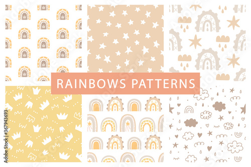 Cute rainbows seamless patterns set