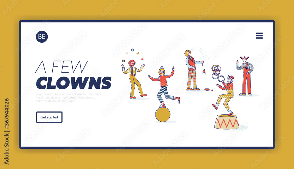 Landing page with group of cartoon clowns on white background. Circus characters for website Landing page with group of cartoon clowns on white background. Circus characters for website