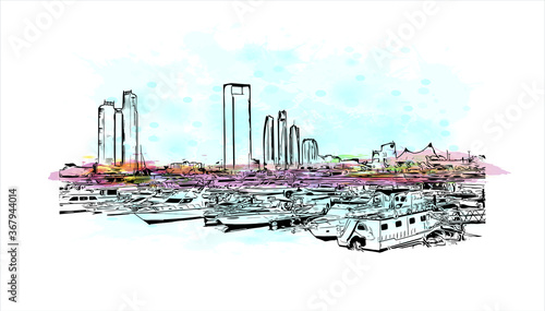 Building view with landmark of Abu Dhabi, the capital of the United Arab Emirates. Watercolor splash with hand drawn sketch illustration in vector.