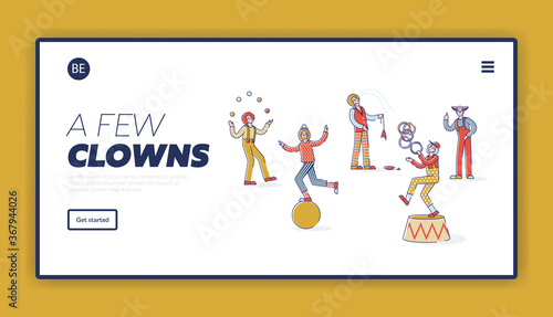 Landing page with group of cartoon clowns on white background. Circus characters for website