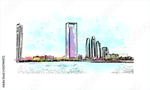 Building view with landmark of Abu Dhabi, the capital of the United Arab Emirates. Watercolor splash with hand drawn sketch illustration in vector.