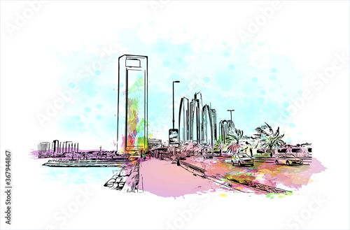 Building view with landmark of Abu Dhabi, the capital of the United Arab Emirates. Watercolor splash with hand drawn sketch illustration in vector.