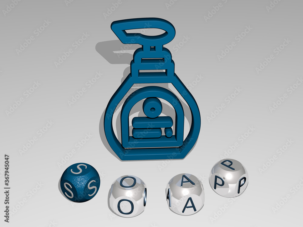 Obraz premium 3D illustration of soap graphics and text around the icon made by metallic dice letters for the related meanings of the concept and presentations. background and bubbles
