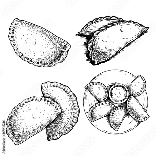 Hand drawn sketch style empanadas. set Top view on plate with sauce, single and group meals. Typical Latino America and spanish fast food. Vector illustration. Best for menu designs, packages.